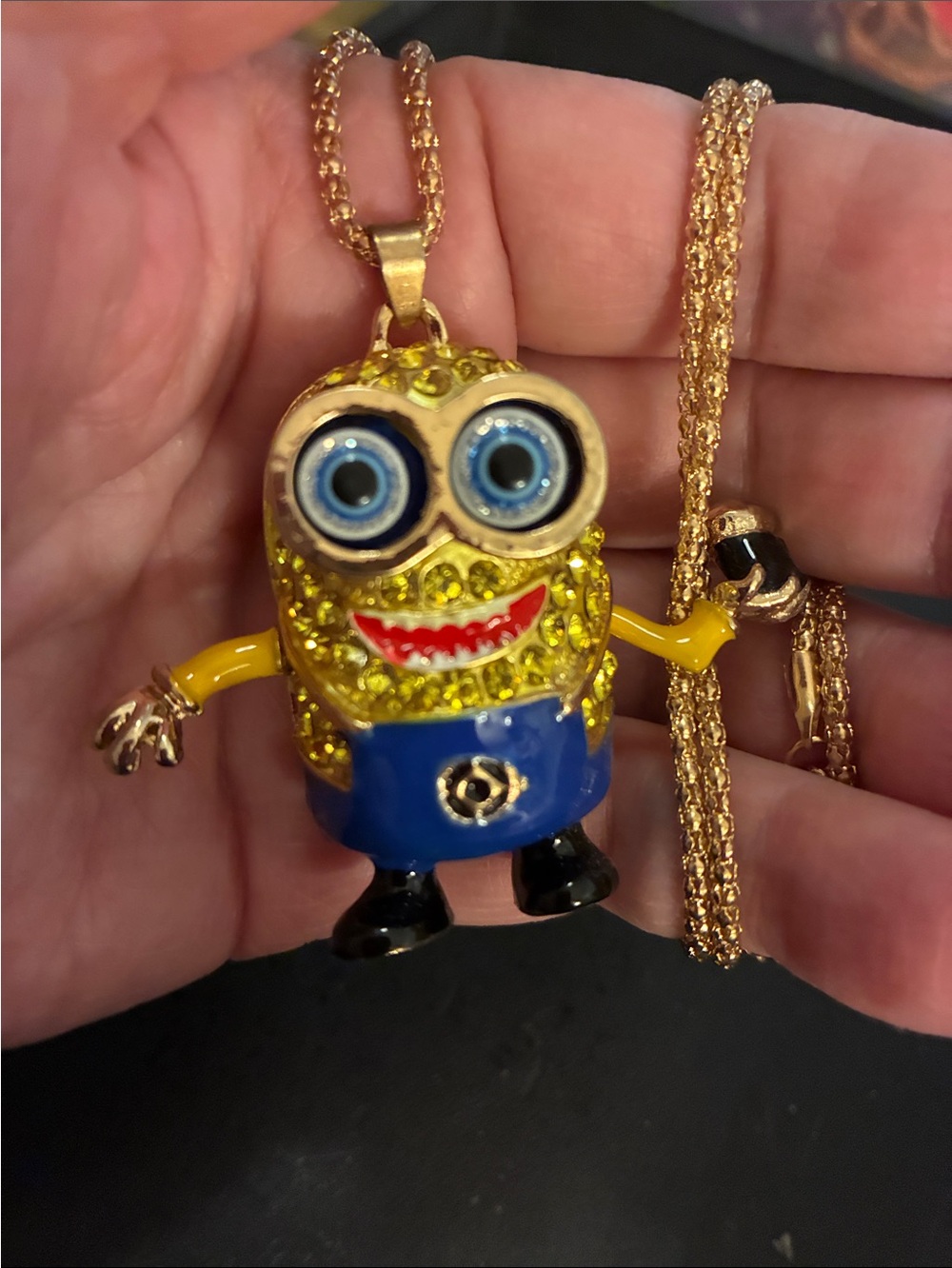 Minion Pendant Necklace with Blue Enamel.Holding a Root Beer.
NWOT